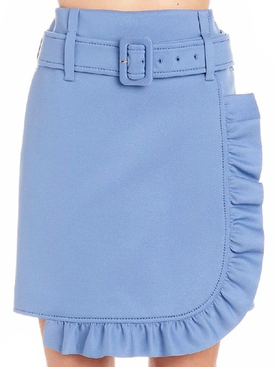 Shop Prada Belted Ruffle Mini Skirt In Blue