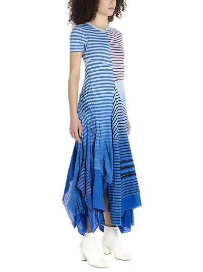 Shop Loewe Striped Asymmetric Pleated Dress In Blue
