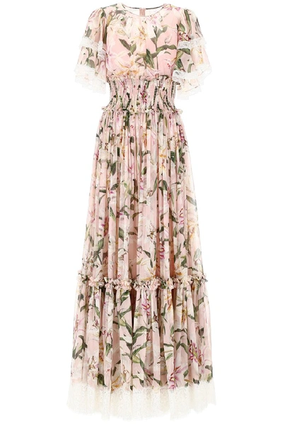 Shop Dolce & Gabbana Ruched Lily Print Maxi Dress In Multi