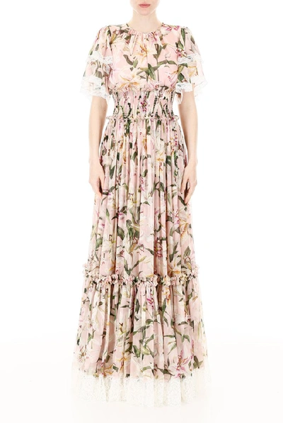Shop Dolce & Gabbana Ruched Lily Print Maxi Dress In Multi