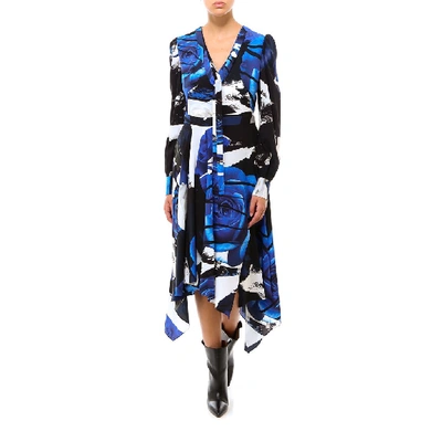 Shop Alexander Mcqueen Rose Print Asymmetric Dress In Blue