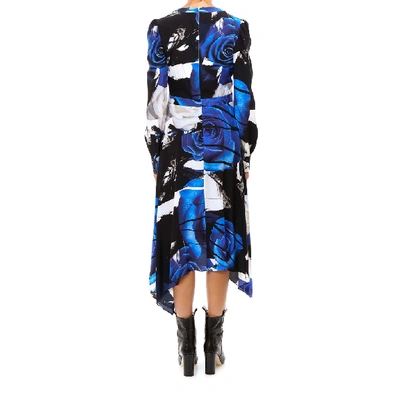 Shop Alexander Mcqueen Rose Print Asymmetric Dress In Blue