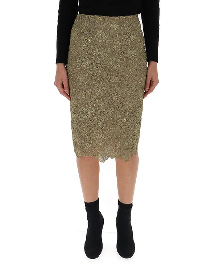 Shop Valentino Floral Embroidered Midi Skirt In Gold