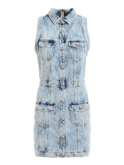 Shop Balmain Sleeveless Buttoned Denim Mini Dress In Blue
