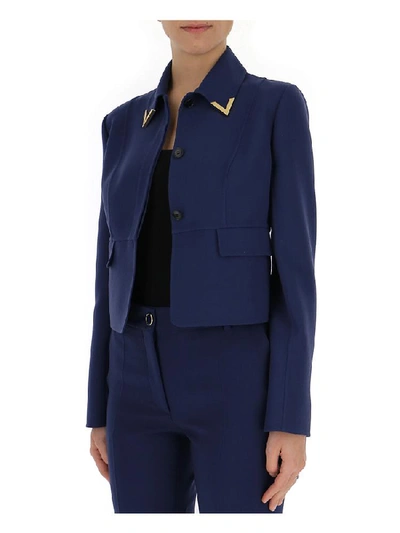Shop Valentino V Collar Cropped Jacket In Blue