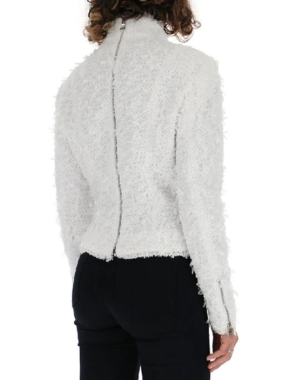 Shop Balmain Furry Zip Sweater In White