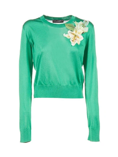 Shop Dolce & Gabbana Floral Appliqué Sweater In Green