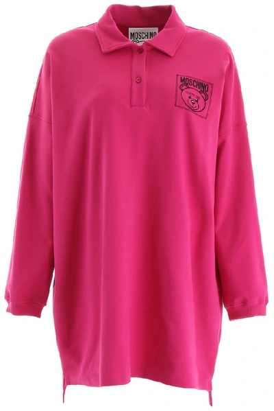 Shop Moschino Teddy Motif Printed Oversize Polo Shirt In Pink