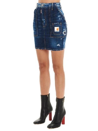 Shop Dsquared2 Logo Patch Distressed Mini Skirt In Blue