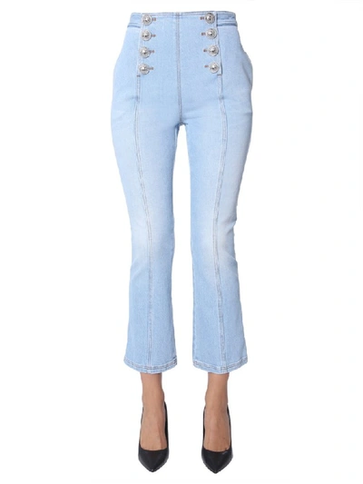 Shop Balmain Cropped Button Detail Jeans In Blue