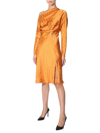 Shop Versace Draped Chain Detail Midi Dress In Orange