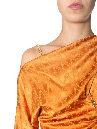 Shop Versace Draped Chain Detail Midi Dress In Orange