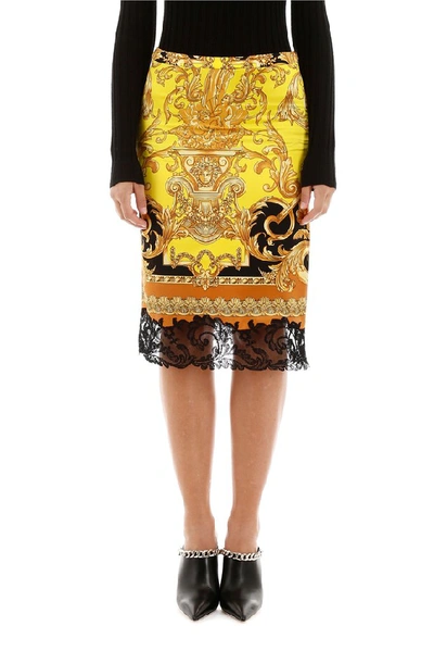 Shop Versace Baroque Print Lace Hem Skirt In Multi