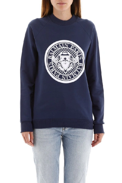 Shop Balmain Medallion Logo Print Sweatshirt In Navy