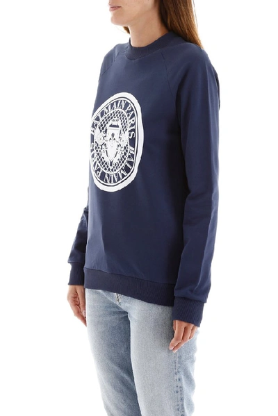 Shop Balmain Medallion Logo Print Sweatshirt In Navy