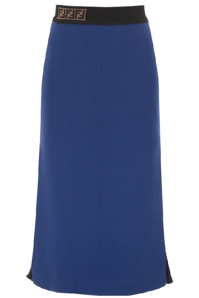 Shop Fendi Pleat Insert Pencil Skirt In Blue