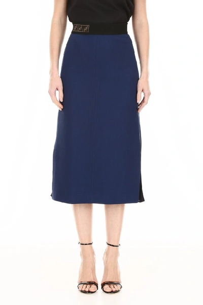 Shop Fendi Pleat Insert Pencil Skirt In Blue