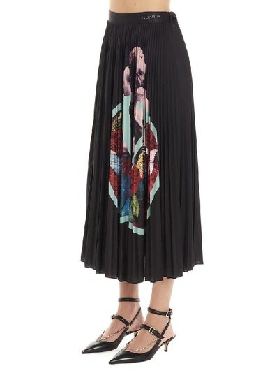 Shop Valentino Pleated Lovers Print Skirt In Black