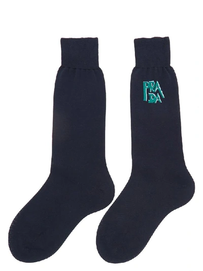 Shop Prada Logo Embroidered Socks In Navy