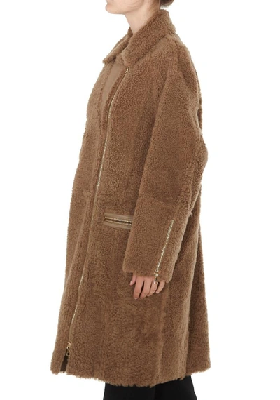 Shop Yves Salomon Curly Merinillo Shearling Zipped Coat In Brown