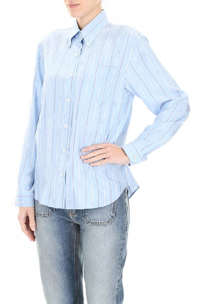 Shop Prada Logo Striped Shirt In Blue