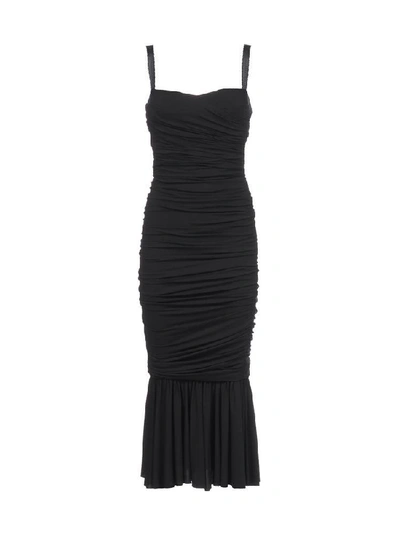Shop Dolce & Gabbana Ruched Fluted Hem Midi Dress In Black