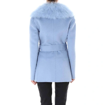 Shop Prada Belted Fur Collar Jacket In Blue