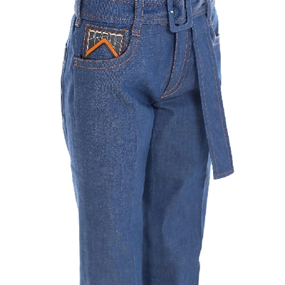 Shop Prada Belted Logo Jeans In Blue