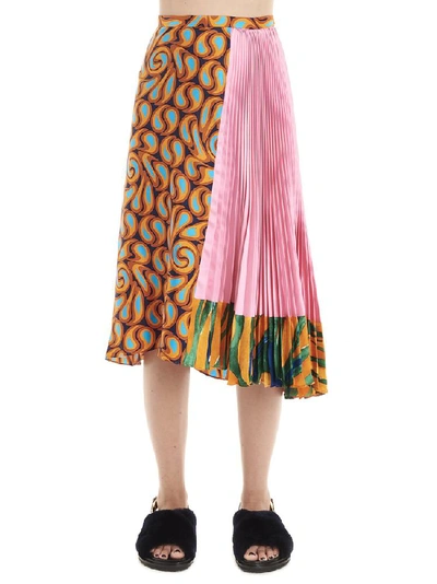 Shop Marni Asymmetric Printed Pleated Skirt In Multi