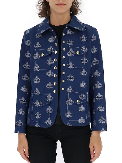 Shop Chloé Buttoned Logo Print Jacket In Blue