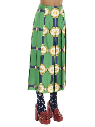 Shop Gucci Pleated Logo Skirt In Green