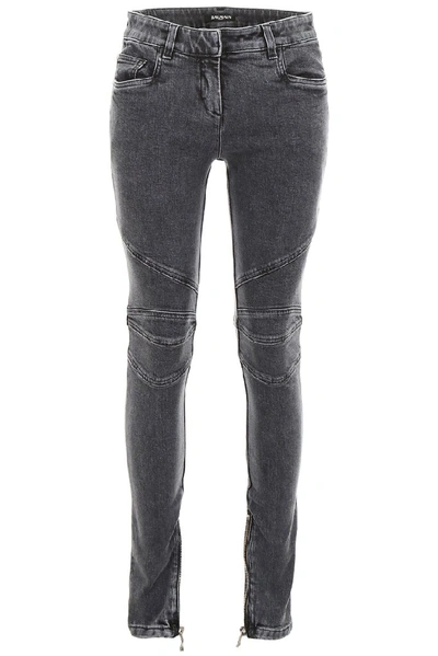 Shop Balmain Stitch Detail Skinny Fit Jeans In Grey