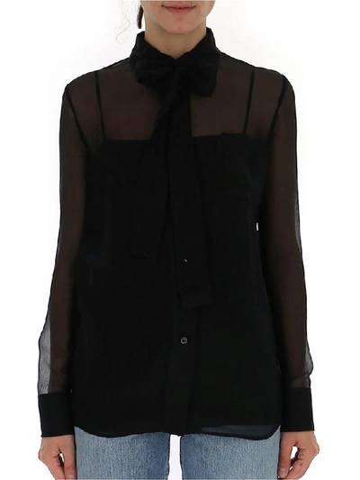 Shop Prada Sheer Bow Collar Blouse In Black