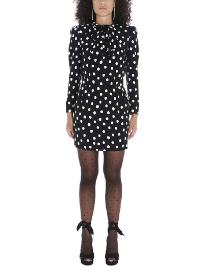 Shop Saint Laurent Polka Dot Pussy Bow Dress In Black&white