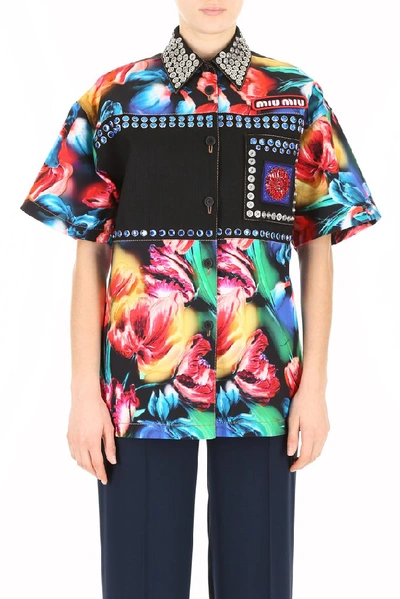 Shop Miu Miu Floral Print Denim Shirt In Multi