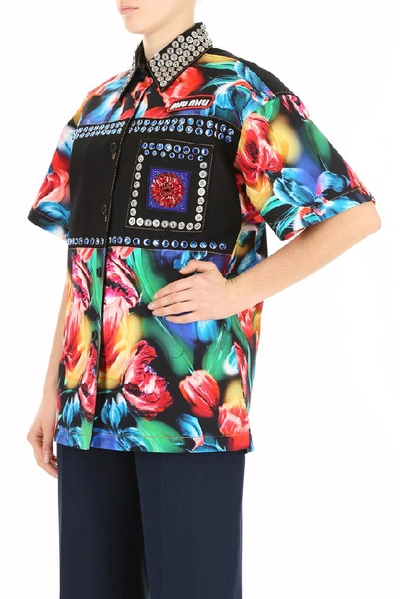 Shop Miu Miu Floral Print Denim Shirt In Multi