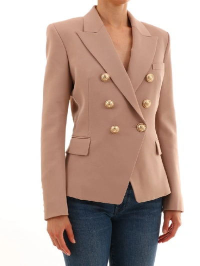 Shop Balmain Double Breasted Blazer In Beige