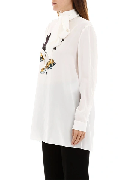 Shop Valentino X Undercover Rose Printed Neck Tie Blouse In White