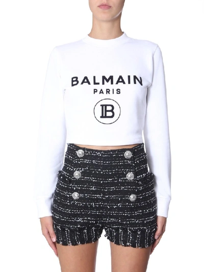 Shop Balmain Cropped Logo Sweater In White