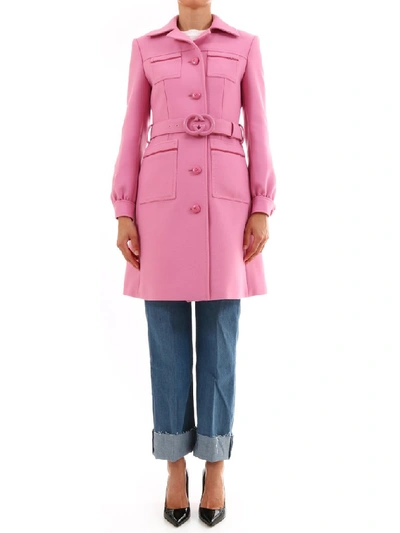 Shop Gucci Belted Gg Buckle Coat In Pink