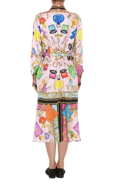 Shop Versace Belted Printed Midi Dress In Multi