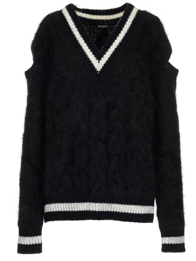 Shop Balmain V Neck Chunky Cable Knit Sweatshirt In Black