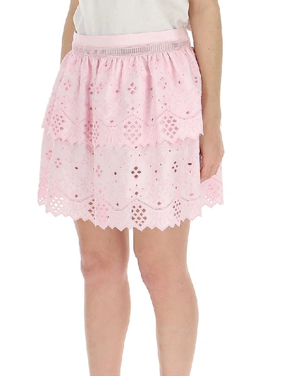 Shop Alberta Ferretti Lace Embroidered Tiered Mini Skirt In Pink