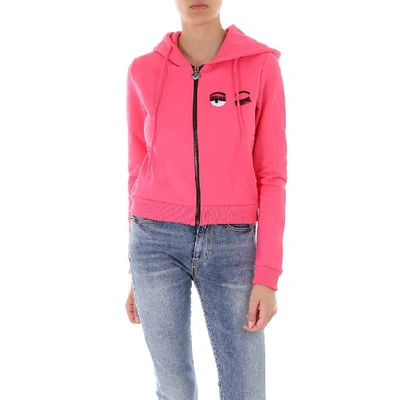 Shop Chiara Ferragni Eye Appliqué Detail Cropped Zipped Hoodie In Pink