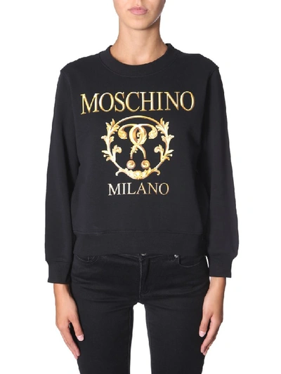 Shop Moschino Milano Logo Print Crewneck Sweatshirt In Black
