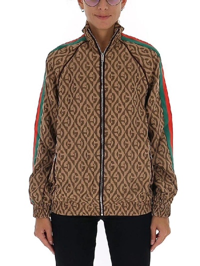 Shop Gucci G Rhombus Zipped Stripe Detail Jacket In Brown