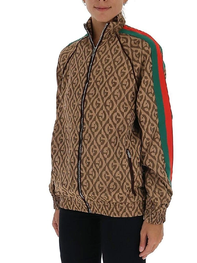 Shop Gucci G Rhombus Zipped Stripe Detail Jacket In Brown