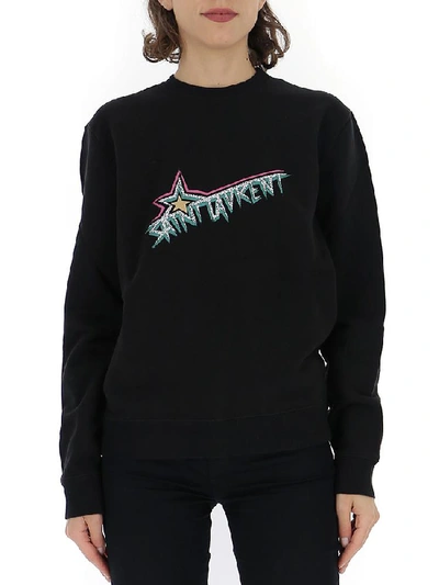 Shop Saint Laurent Logo Print Crewneck Sweater In Black