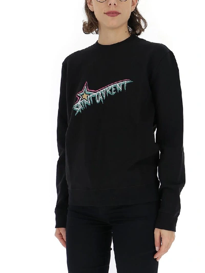 Shop Saint Laurent Logo Print Crewneck Sweater In Black