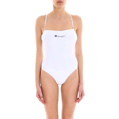 Shop Champion Back Crossover Logo Swimsuit In White